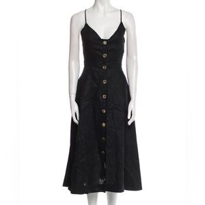 NICHOLAS Black Linen Midi Dress Sz S 4 Gold Button-Down Spaghetti Strap